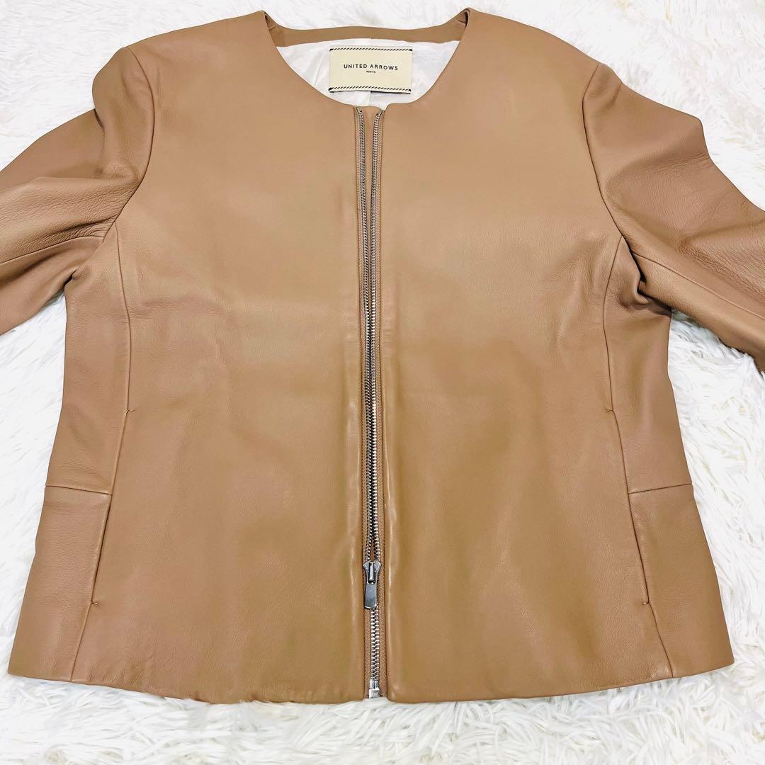 あやぼん様 ユナイテッドアローズ ノーカラーレザージャケット 羊革 ベージュ40