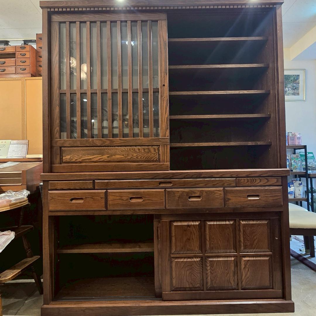 【高級】 無垢材 食器棚 引き戸 幅148㎝ カップボード 収納棚 和風 民芸