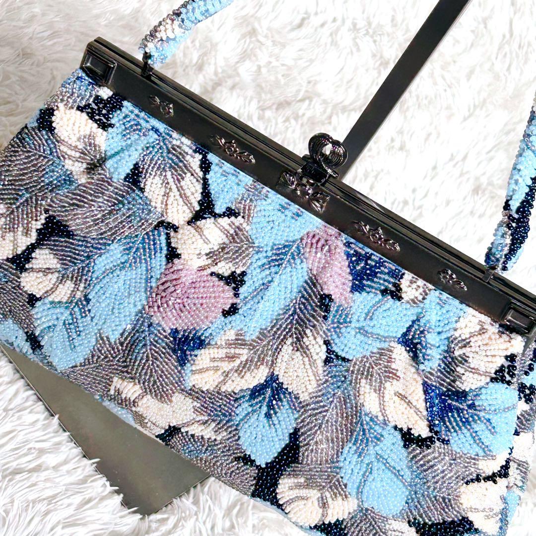 ビーズバッグ ハンドバッグ 手刺繍 葉っぱ 和装 レトロ ヴィンテージ ブルー