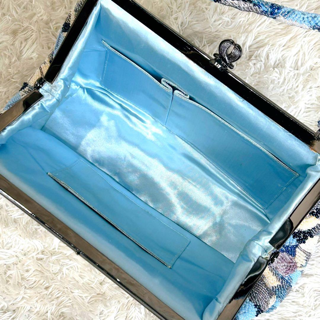 ビーズバッグ ハンドバッグ 手刺繍 葉っぱ 和装 レトロ ヴィンテージ ブルー