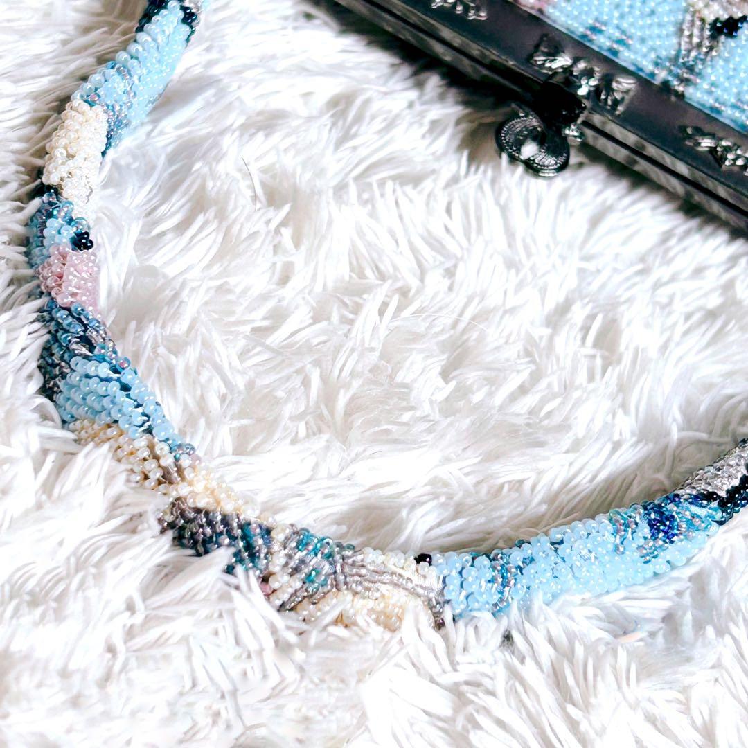 ビーズバッグ ハンドバッグ 手刺繍 葉っぱ 和装 レトロ ヴィンテージ ブルー