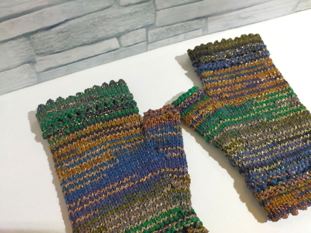 うさぴょん　7点セット　ハンドウォーマー　糸めぐり　青緑ラメ①406手編み