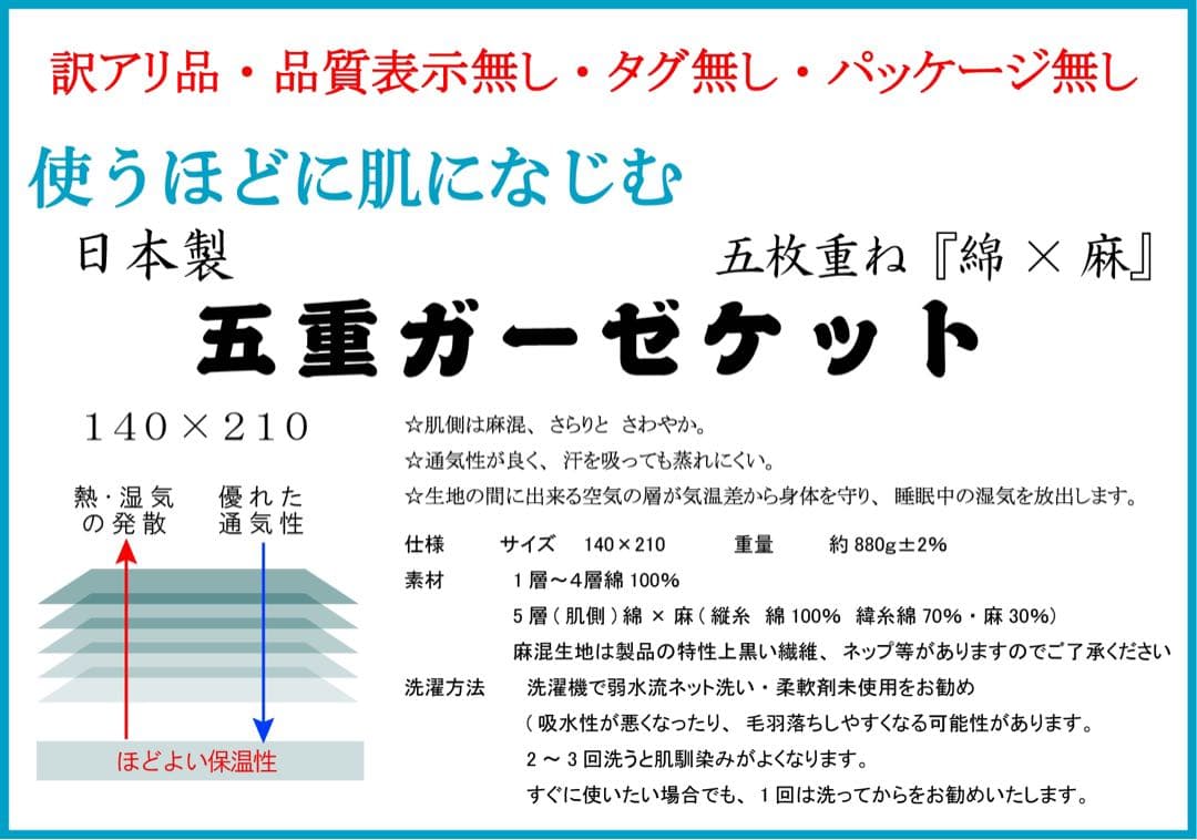 新品 未使用 訳有り品 ロフテーガーゼケット 140×210 ブルー3枚