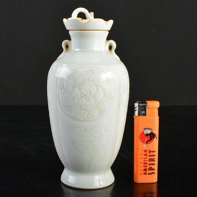 中国　影青　青白釉　陽刻　花文　双耳蓋瓶　M　7266E