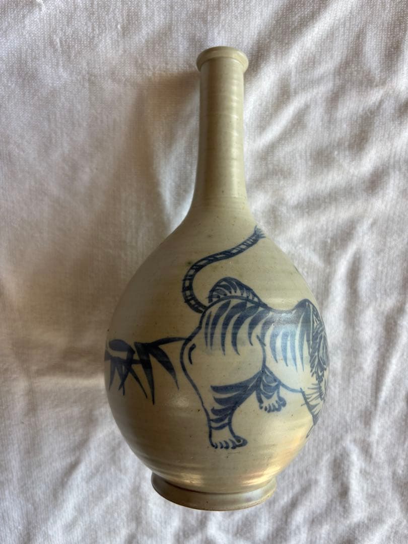 古伊万里　古染付 竹虎図 鶴首徳利　 花器 一輪挿し 時代物