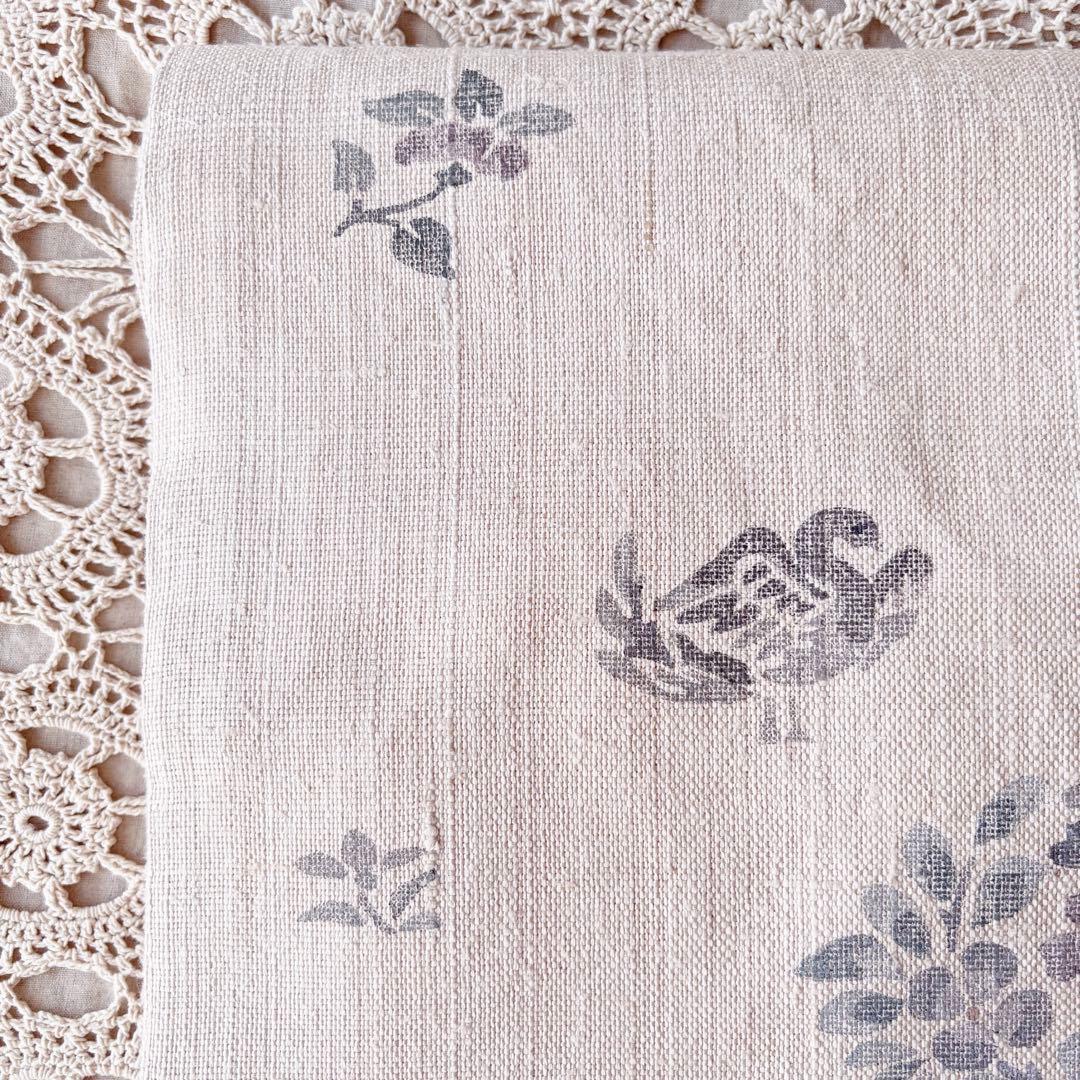 花と鳥の模様 くすんだピンクグレー ピンクベージュ 名古屋帯 紬帯