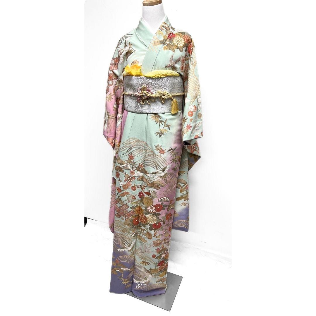 スワトウ刺繍　刺繍　金駒刺繍　鶴　花模様　振袖　着物　102a p