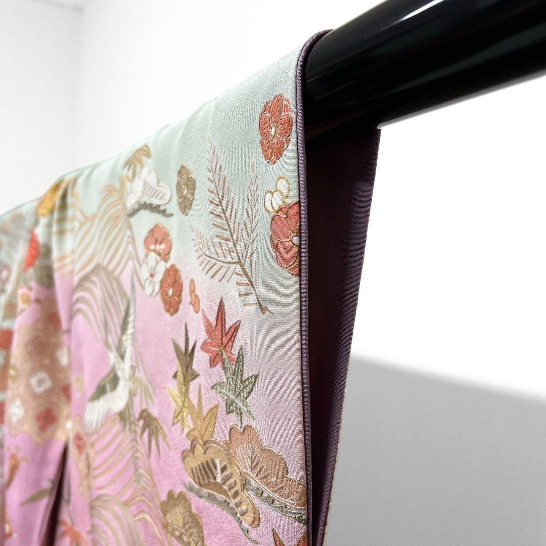 スワトウ刺繍　刺繍　金駒刺繍　鶴　花模様　振袖　着物　102a p