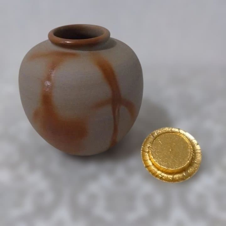 茶道具 備前焼 木村陶峰造 火襷 茶入 共箱・仕覆付　西陣織