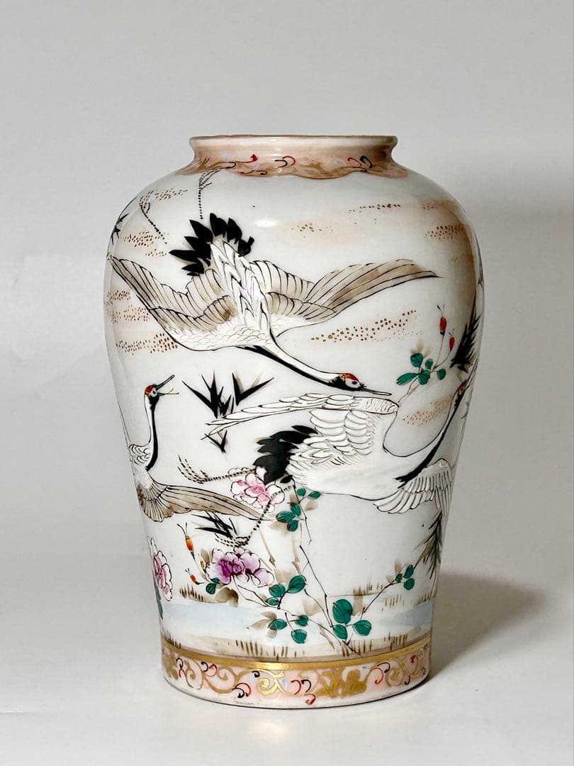 明治瀬戸の名工 加藤繁十 桃花園画 上絵飛鶴文花瓶 其の壱 名古屋絵付 瀬戸