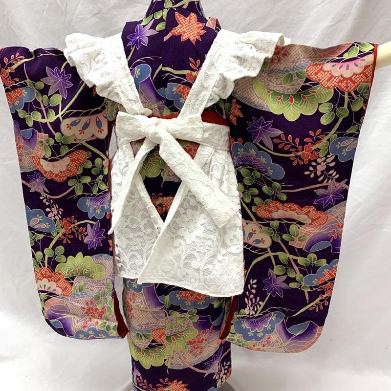 510ag60□七五三 三歳 アンティーク 着物&被布エプロン 松 芝 楓□美品