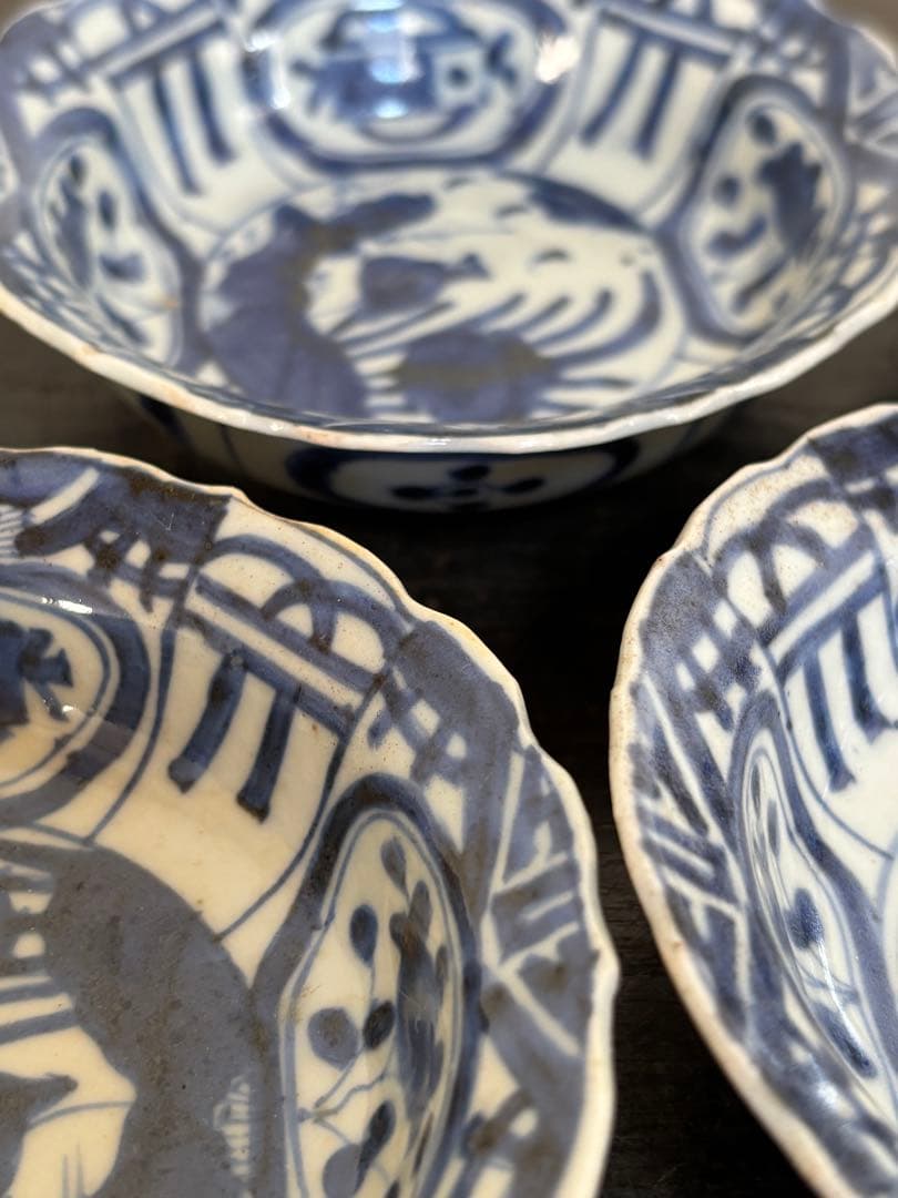 染付芙蓉手獣面図 小皿 モンスターマスク 縁起物 古伊万里 三田焼 5客揃