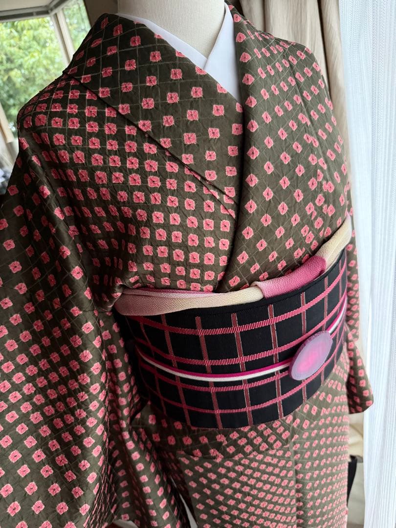 よし 正絹 小紋 着物 チョコブラウン×ピンク 総絞り 単品