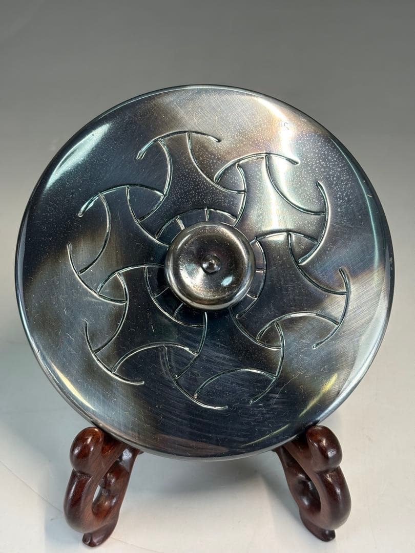 【中古品】清五郎造　銀いぶし独楽繋薬鏙（共箱）