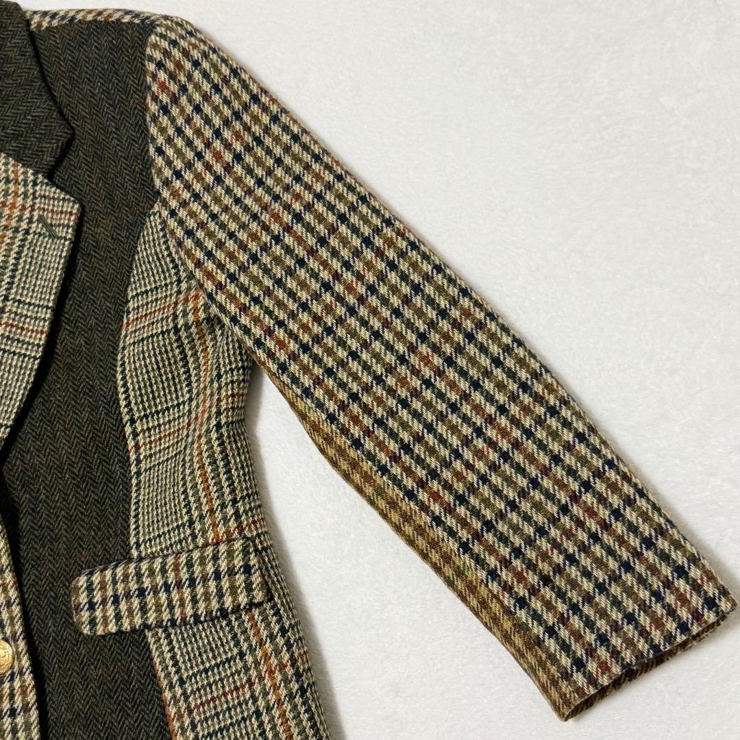 【カネコイサオ】美品テーラードジャケット　異素材　金ボタン　チェック柄　ツイード