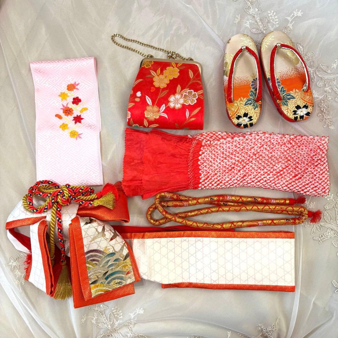 七五三直前割引【高級】お宮参り 七五三 3歳 着物セット 紅白 金駒刺繍 絞り