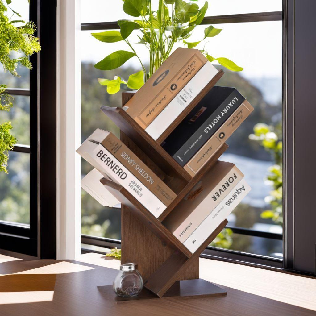 ツリー型デスク上置収納ラック 木製 ブックスタンド 本棚