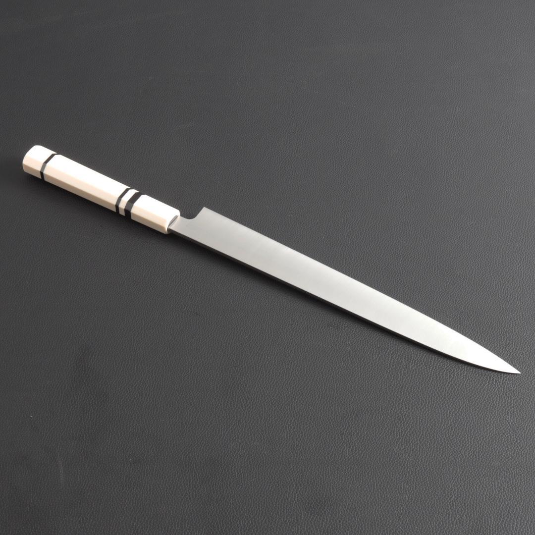 9342 柳刃包丁 9寸 刺身包丁 刃は究極の切れ味 人工象牙黒三本巻八角柄