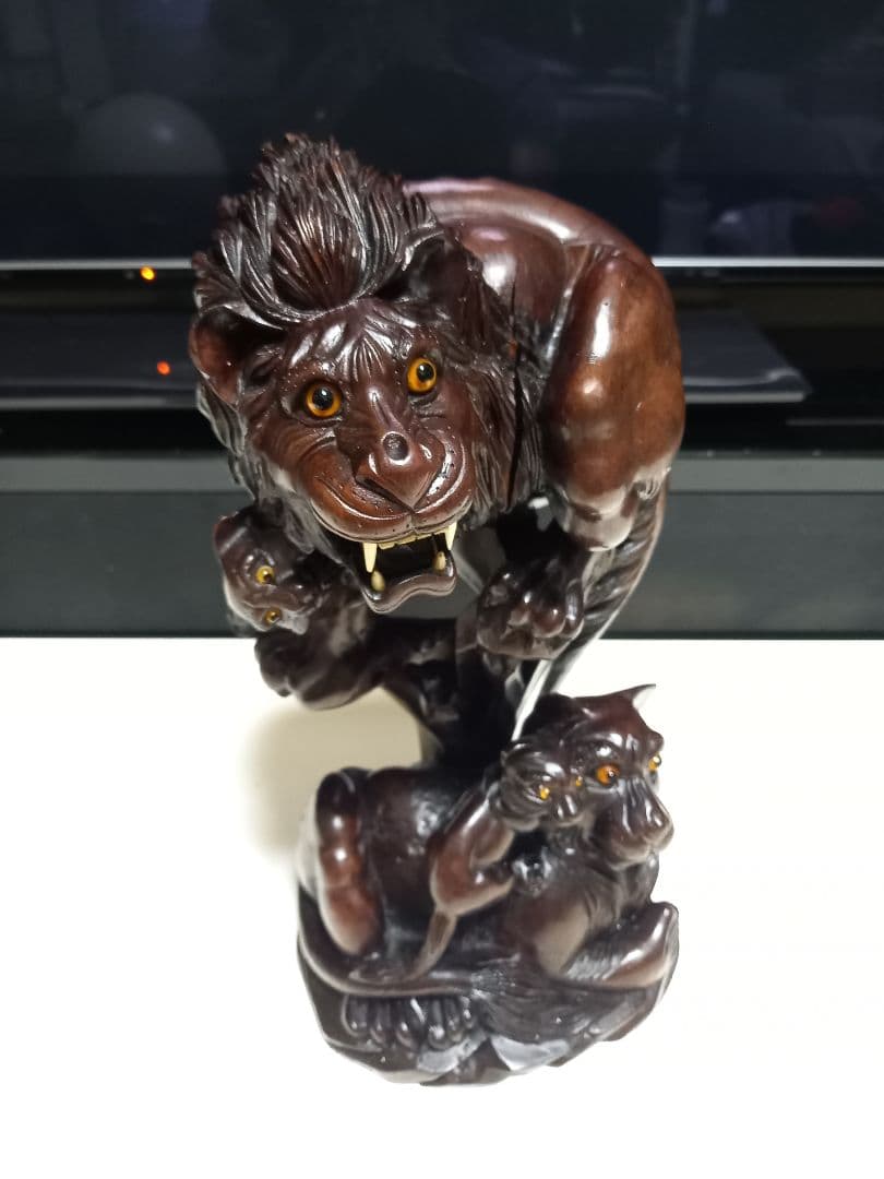 骨董　根木　唐木　無垢材　手彫り　硝子眼　唐獅子　細密　細工