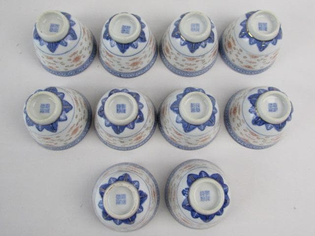 Y5-1210-② ◇景徳鎮製 ホタル手 蛍茶碗 金彩色絵青華文 10客◇