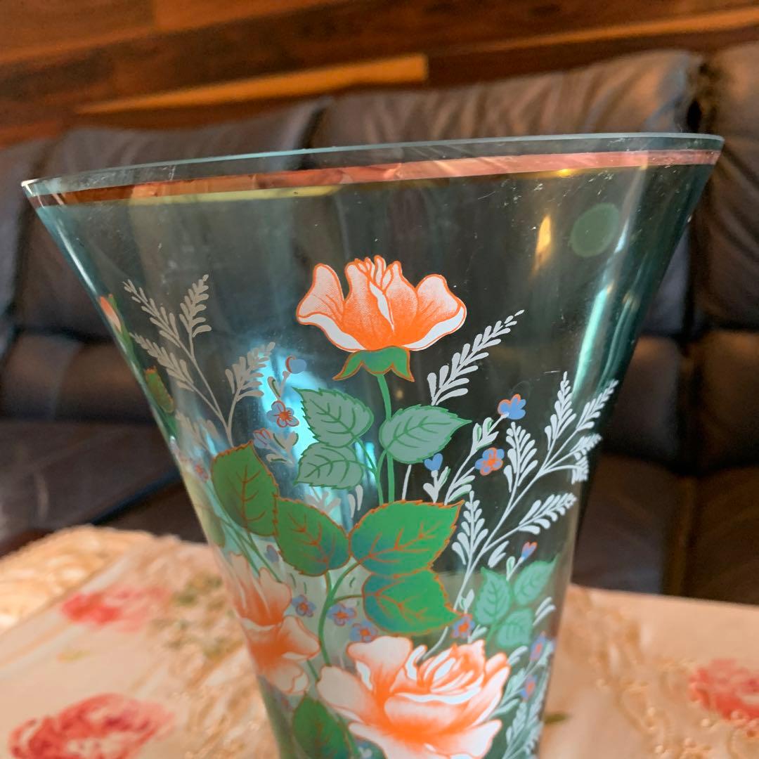 ブルー　ボヘミア花瓶　薔薇　大